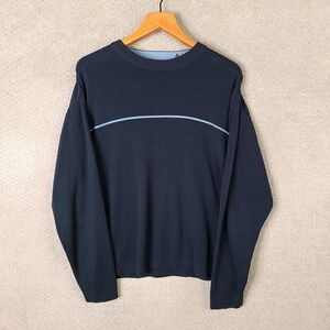 Whispering Smith Sweater Mens Large Navy Striped Crew Neck Acrylic Casual Ribbed